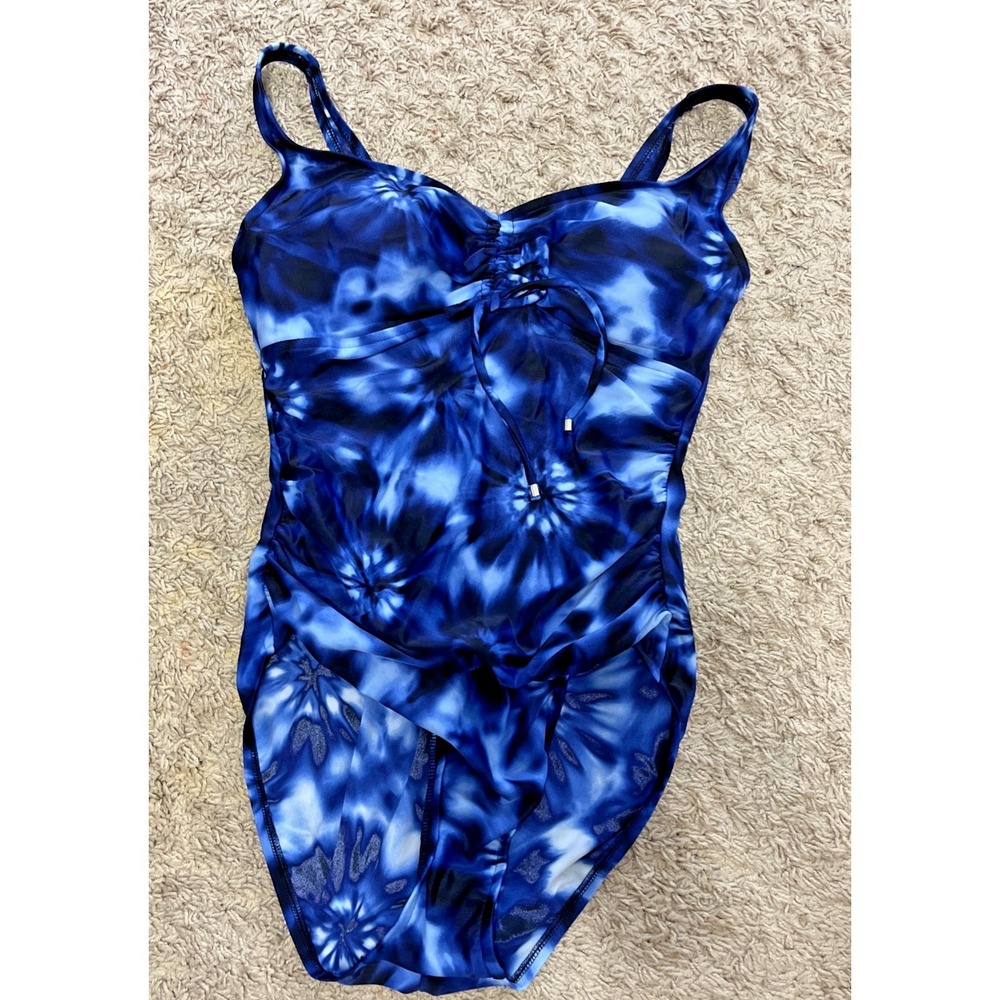 Aqua Green Womens Ruched Tie Dye One Piece SwimSuit Medium Crossover Modest Blue